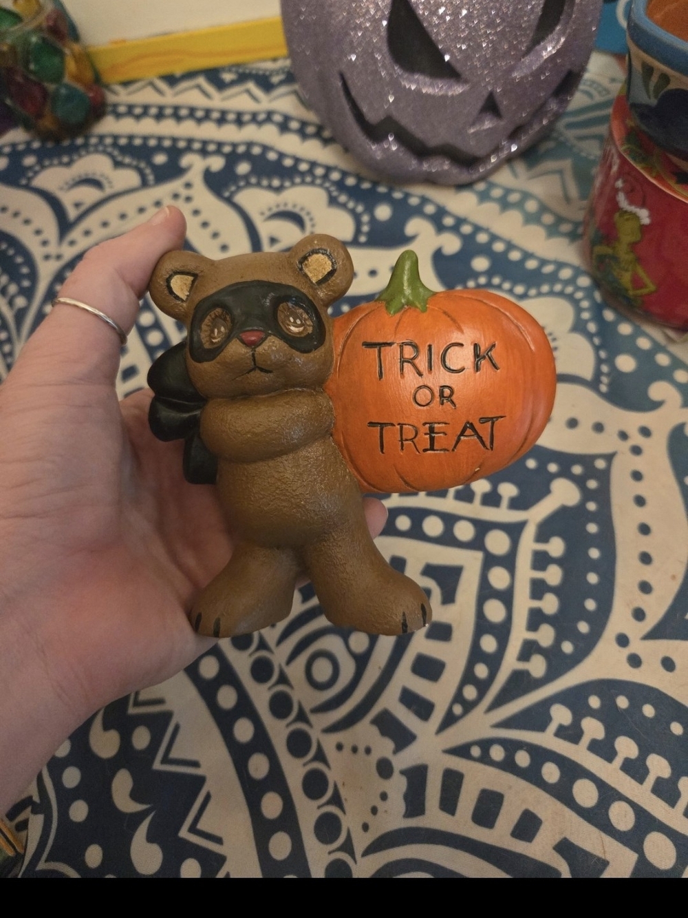 Vintage ceramic Halloween trick or treat bear in costume with pumpkin mask - Picture 1 of 9